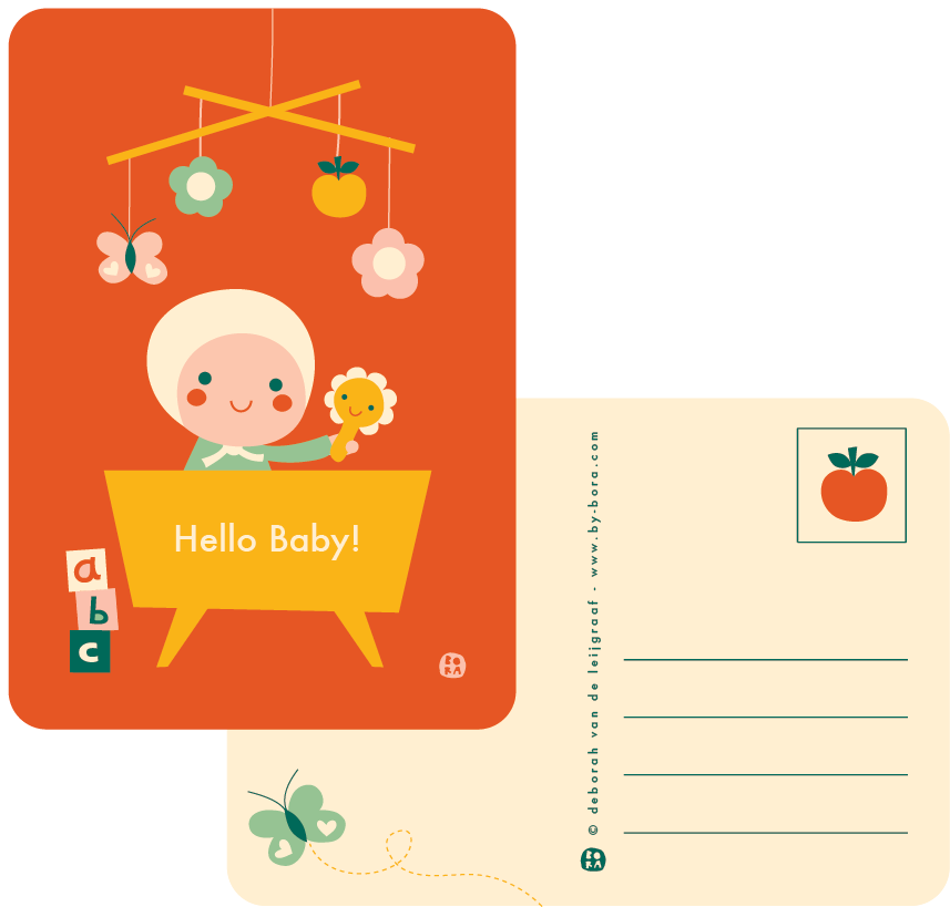 Hello Baby - bed - retro - postkaart