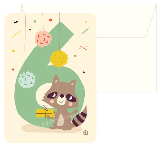 Six racoon - kaart met envelop