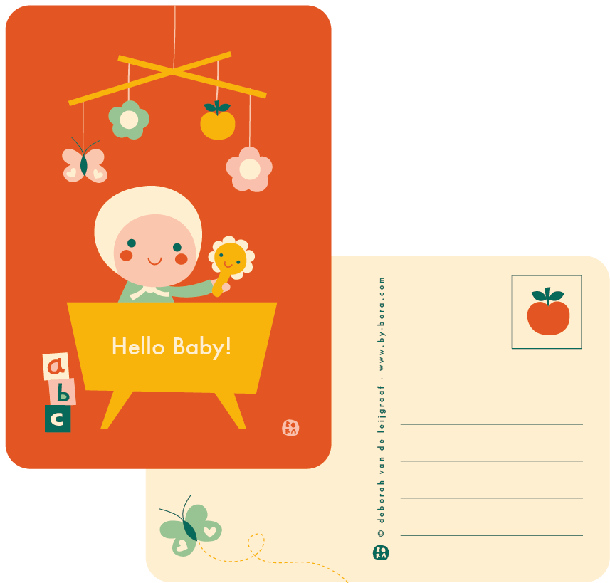Hello Baby - bed - retro - postkaart