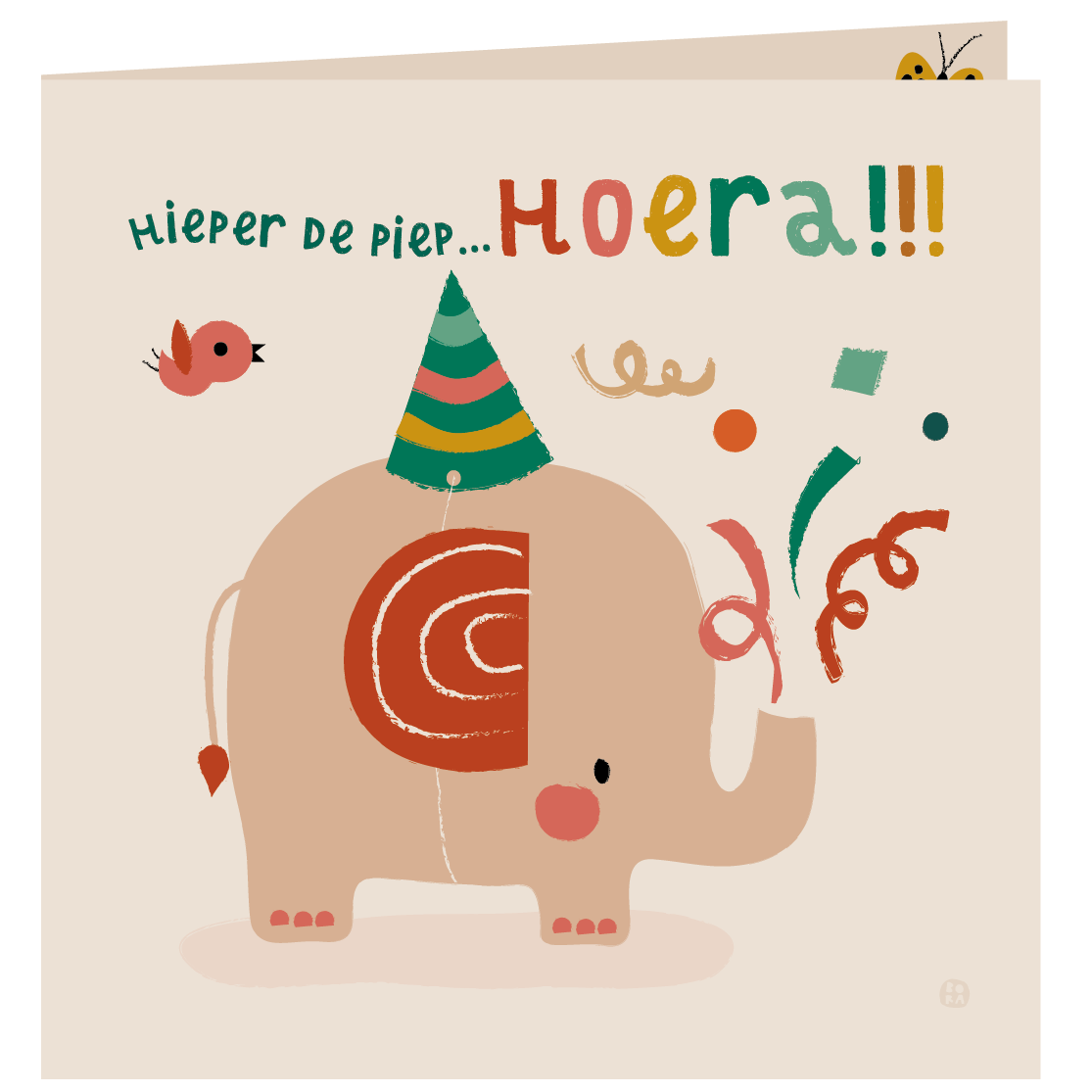 Olifant - Hoera- gevouwen wenskaart met envelop