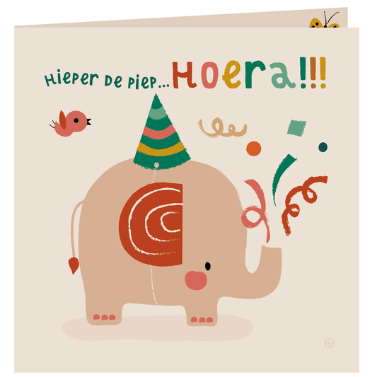 Olifant - Hoera- gevouwen wenskaart met envelop
