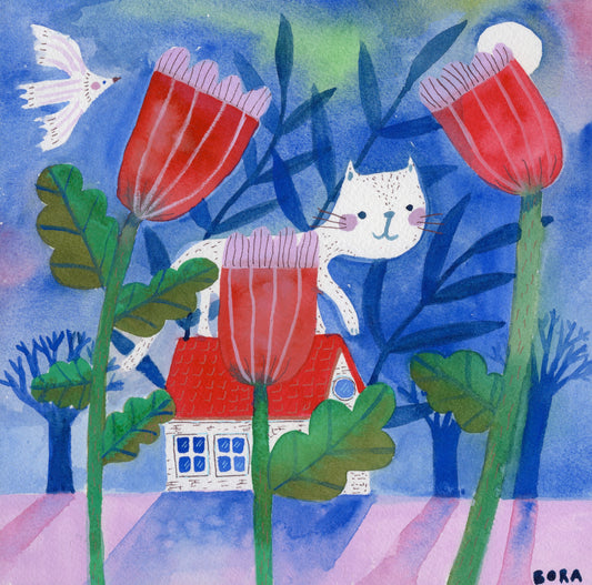 Cat on the roof - kunstwerk op hout