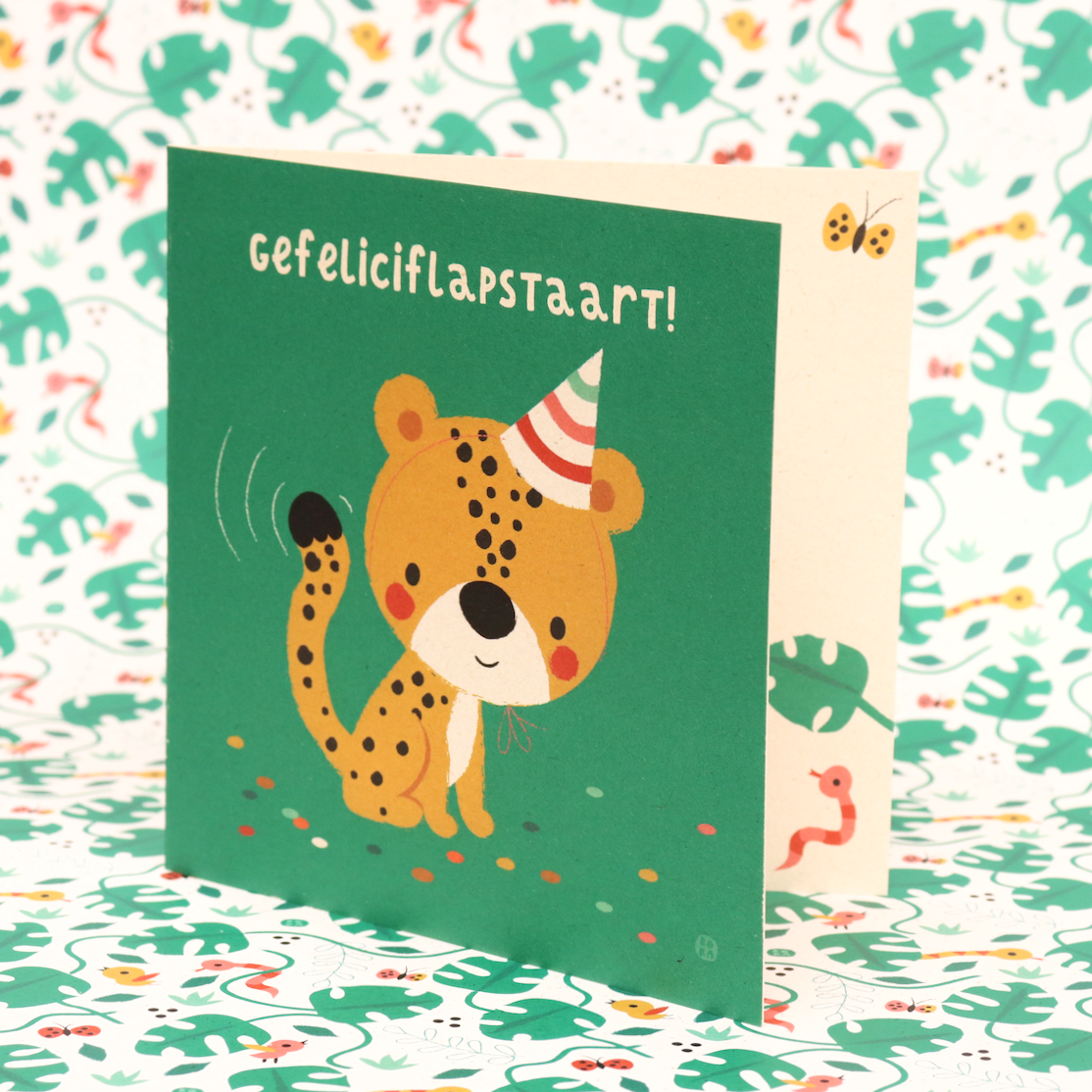 Cheeta - gefeliciflapstaart - gevouwen wenskaart met envelop
