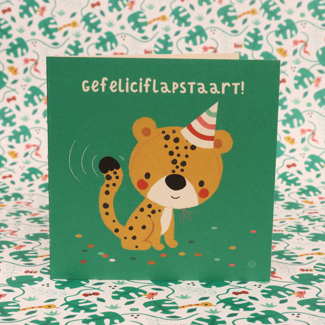Cheeta - gefeliciflapstaart - gevouwen wenskaart met envelop