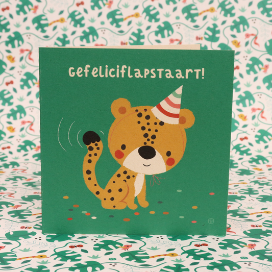 Cheeta - gefeliciflapstaart - gevouwen wenskaart met envelop