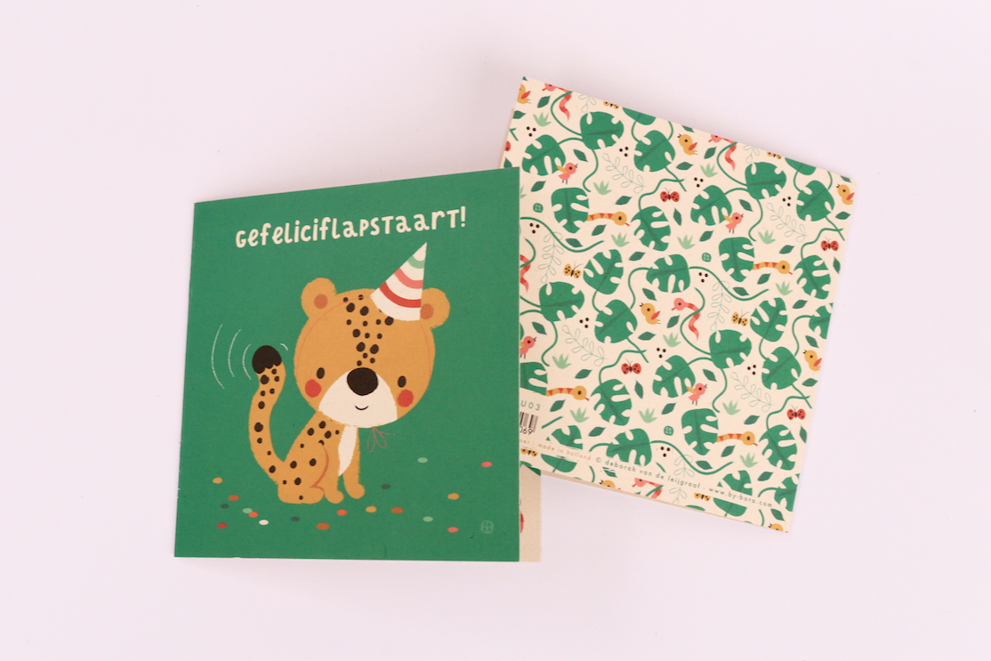 Cheeta - gefeliciflapstaart - gevouwen wenskaart met envelop