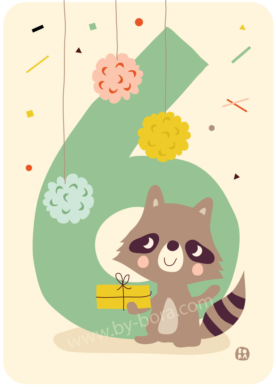 Six racoon - kaart met envelop