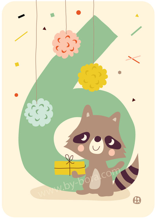 Six racoon - kaart met envelop