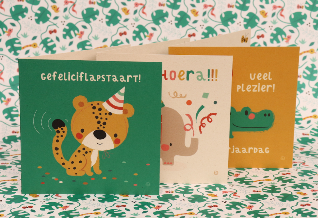 Cheeta - gefeliciflapstaart - gevouwen wenskaart met envelop