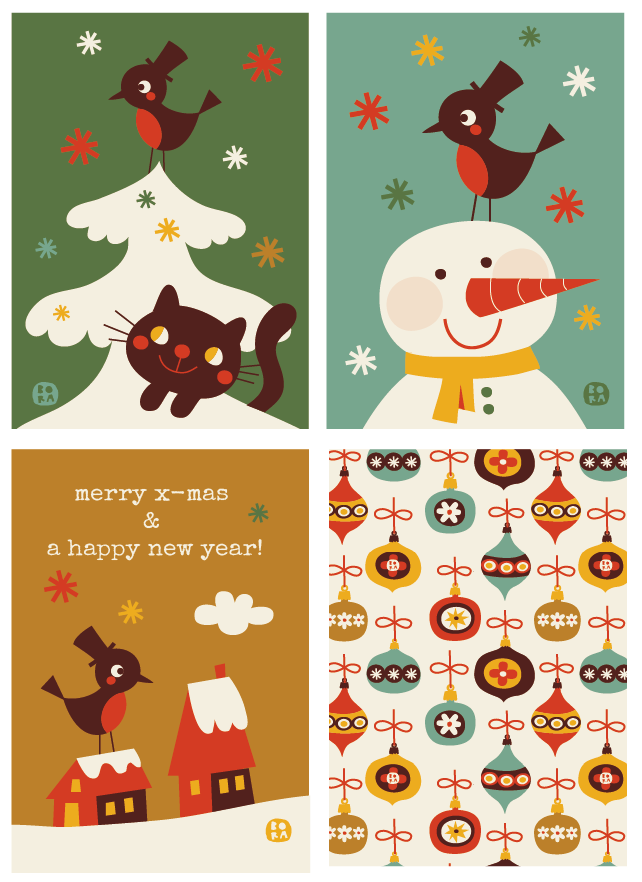Retro kerstkaarten set van 4 stuks met envelop