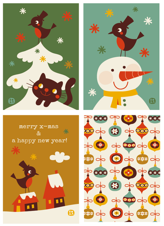 Retro kerstkaarten set van 4 stuks met envelop