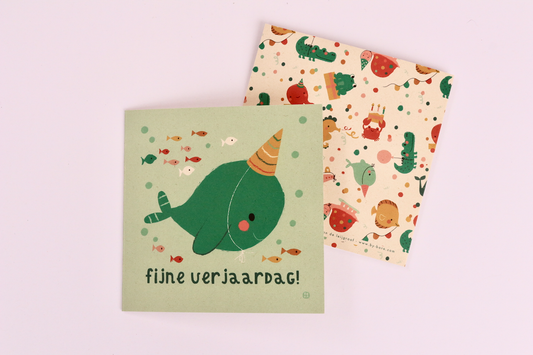 Narwal - Fijne verjaardag - gevouwen wenskaart met envelop