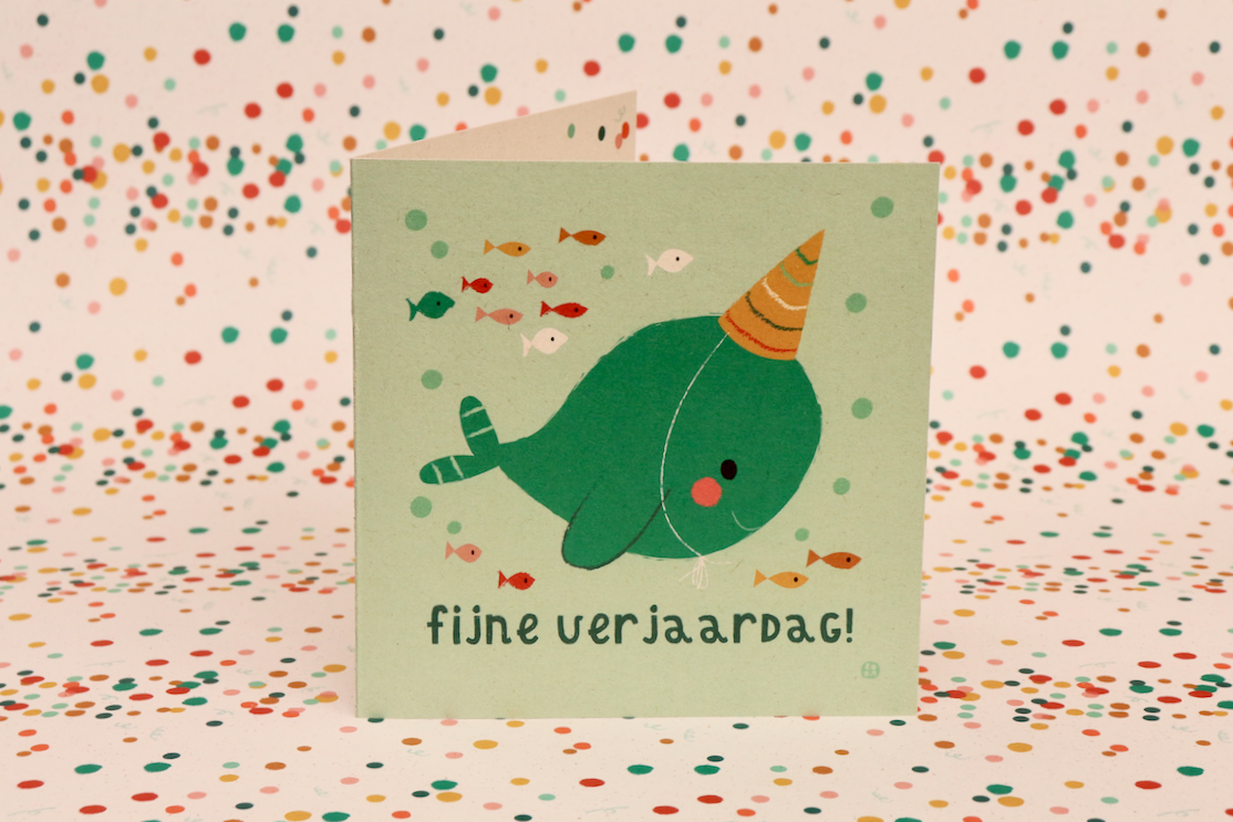 Narwal - Fijne verjaardag - gevouwen wenskaart met envelop
