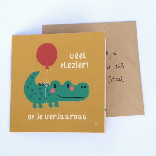Krokodil - Veel plezier op je verjaardag - gevouwen wenskaart met envelop